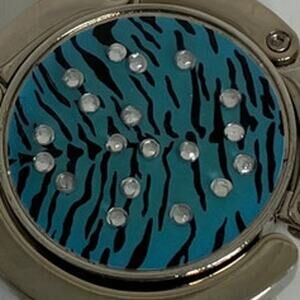 Vintage Teal Zebra Print Foldable Purse Hook Clear Rhinestone Accents